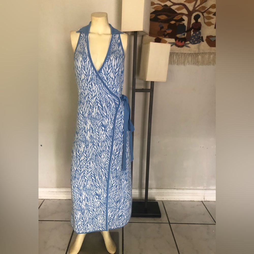 Diane Von Furstenberg Blue and White Midi Wrap Dress Size M